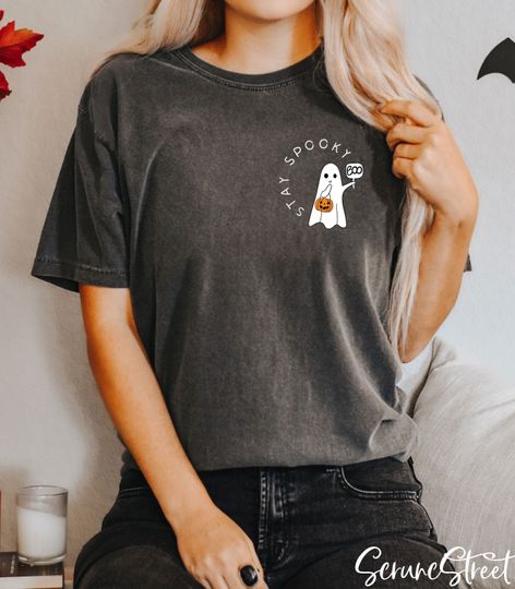 Halloween Boo Ghost T-Shirt, Retro Spooky Season Pocket Tee, Cute Ghost Sweatshirt for Women