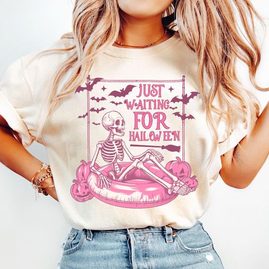 Comfort Colors Just Waiting for Halloween Shirt, Funny Skeleton Pumpkin Shirt, Spooky Fall Graphic Shirt, Retro Halloween T-Shirt for Her