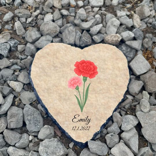 Birth Month Flower Garden Stone, Heart Shaped Garden Decor with Name and Date