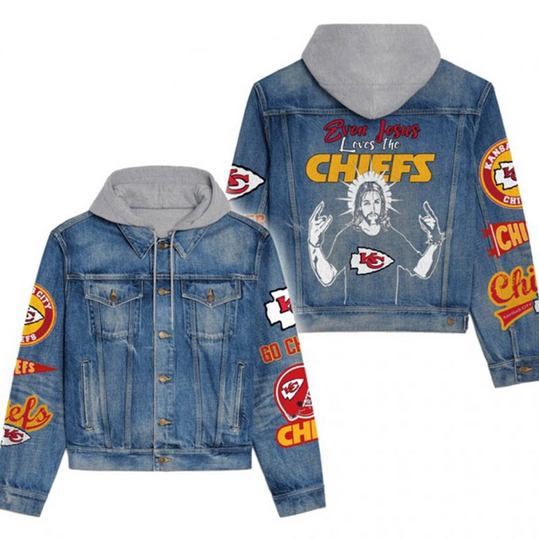 Kansas City Chiefs Even Jesus Loves Hooded Denim Jacket