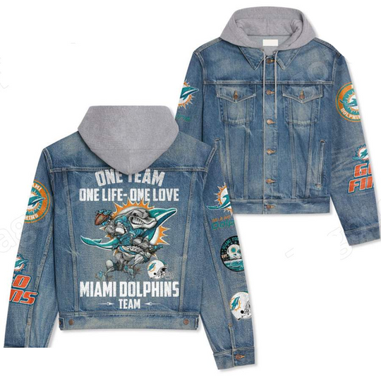 One Team One Life One Love Miami Dolphins Team Hooded Denim Jacket