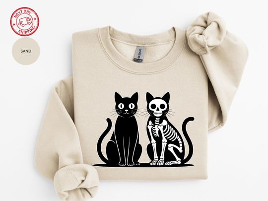 Funny Halloween Skeleton Cat Sweatshirt, Cat Lover Gift Sweatshirt, Spooky Season, Halloween Skeleton Cat Sweater