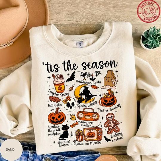 Vintage Halloween Tis' the Season Sweatshirt, Retro Halloween Pumpkin Sweatshirt, Cat Sweater