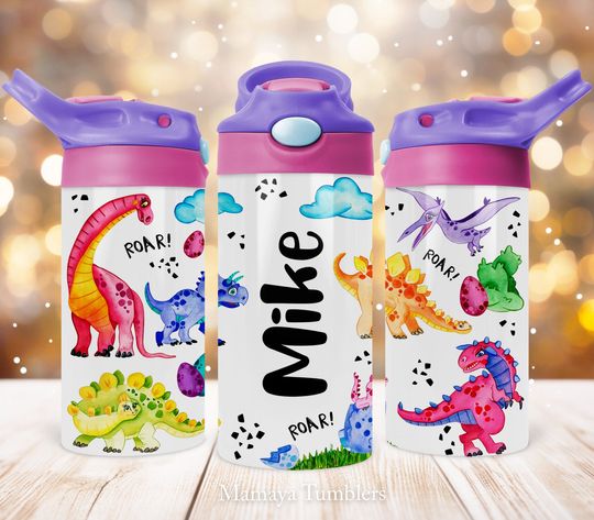 Dinosaur 12oz Kids Flip Top Sippy Cup Tumbler Wrap, Dino name Childrens Tumbler