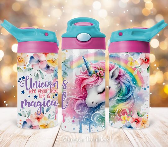 Unicorn 12oz Kids Flip Top Sippy Cup Tumbler, Life is magical Rainbow Flowers Kids Tumbler