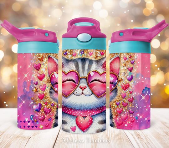 Cat 12oz Kids Flip Top Sippy Cup Tumbler, Heart sunglasses Valentine's Day Kids Tumbler