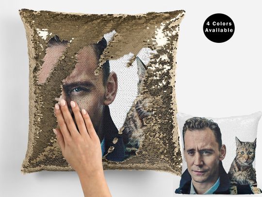 Tom hiddleston and cat sequin pillow, celebrity sequin pillow, tom hiddlesto meme flip sequin pillow gift fans, tom hiddlesto