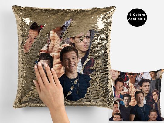 Tom holland collage sequin pillow, celebrity pillow cushions, tom holland meme flip sequin pillow, cool tom holland fan gift idea