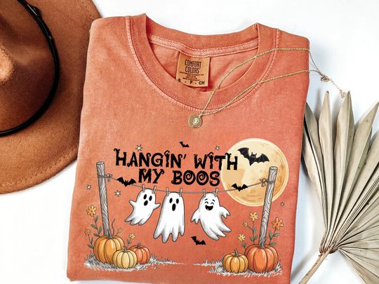 Retro Hanging Ghosts Halloween Shirt, Funny Hangin With My Boos Shirt, Cute Pumpkin Bat Tee, Halloween Tee, Fall Tshirt