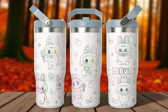 Custom Bunny Character Tumbler with Handle, Cute Monster Doll 30oz Flip Straw Tumbler, Personalized Kids Gift, 30oz Tumbler Mug