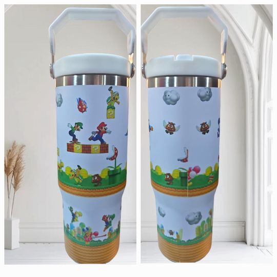 Cute Super Mario Brothers 30oz Flip Straw Water Bottle with Handle Gift for Kids