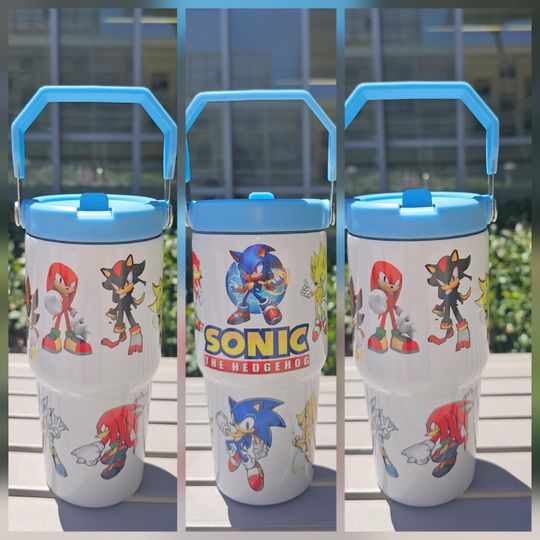 Sonic Hedgehog Kids Adult 20oz Flip Straw Waterbottle with Blue Lid Handle Personalizable
