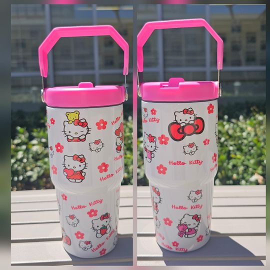 Hello Kitty Sanrio Cute Cat Kids Adult 20oz Flip Straw Waterbottle with Pink Lid Handle Personalizable