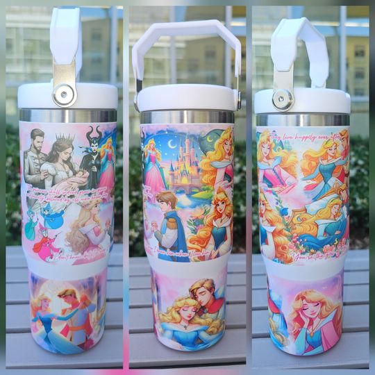 Cute Disney Prince Princess Aurora Sleeping Beauty Maleficent Villain 30oz Flip Straw Stanley-like Water Bottle with Handle