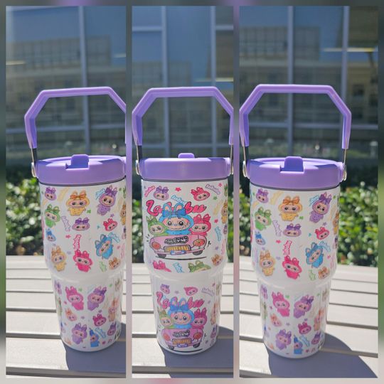 Labubu Kids Adult 30oz Flip Straw Waterbottle with Pink Lid Handle Personalizable