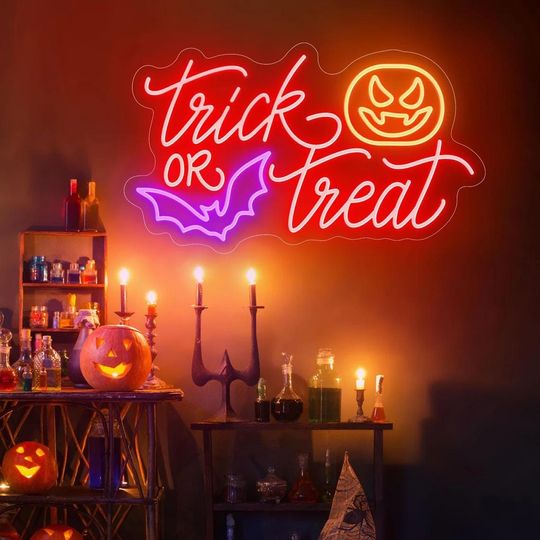 Trick or Treat Neon Sign, Halloween Decorations, Halloween Wall Light with Pumpkin & Bat, Spooky Sign for Party Decor, Halloween Gift