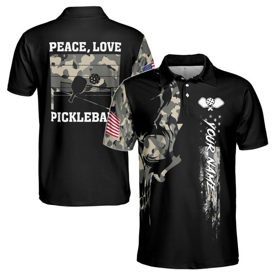 Custom Name Peace Love Pickleball America Flag Skull Camo Men's Polo Shirt