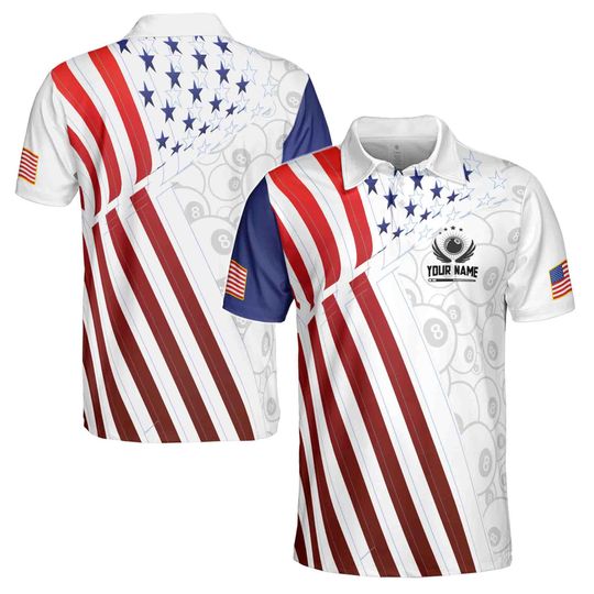 Custom Name Billiard 8 Balls Pool Player Gradient American Flag Men's Polo Shirt