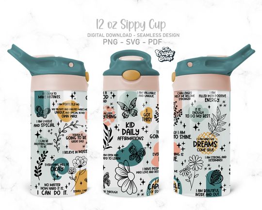 Kids Daily Affirmations 12oz Kids Flip Top Sippy Cup Tumbler, Positive Quotes