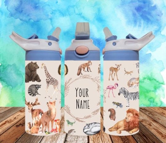 Zoo Animals 300dpi 12oz Kids Flip top Sippy cup Tumbler/Personalized With Name/Deer