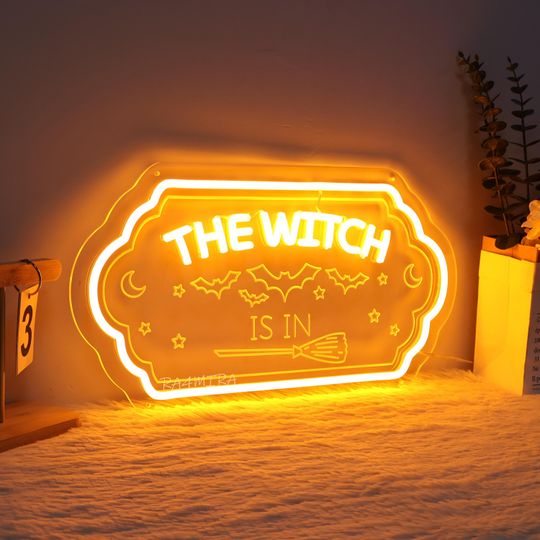 Witch Is In Neon Sign, Handmade LED Light Sign, Halloween Witch Decor, Magical Wall Decor