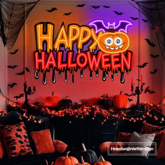 Happy Halloween Bat Pumpkin Neon Sign, Custom Halloween LED Neon Light Home Shop Wall Decor Bar Halloween Party Spooky Decor, Halloween Gift