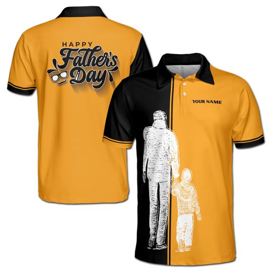 Custom Name Happy Father and Son Silhouette Black Yellow Men's Polo Shirt