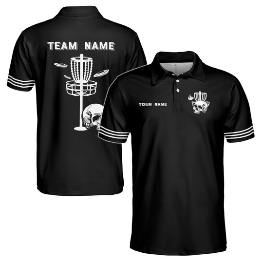 Custom Name Team Skull Disc Golf Black Men's Polo Shirt