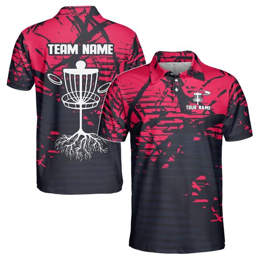 Custom Name Team Disc Golf Grunge Black Red Pattern Men's Polo Shirt