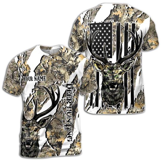 Custom Name Deer Hunting with Camouflage Pattern Men's T-Shirt