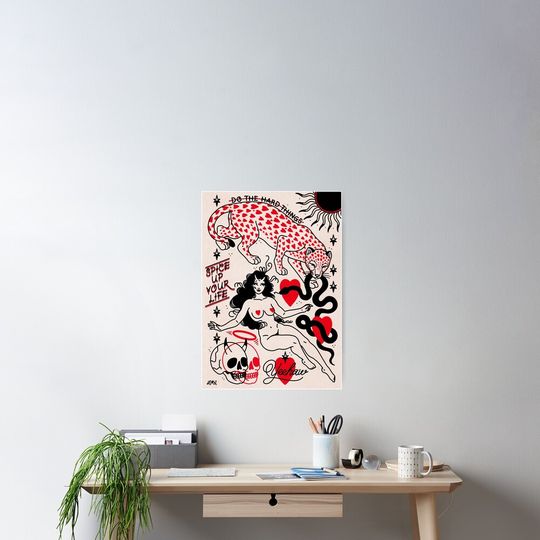 Do The Hard Things Leopard Lady Skulls Hearts Vintage Romance Traditional Tattoo Flash Style Print by Ella Mobbs Creep Heart Poster