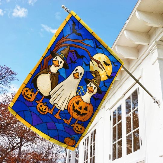 Spooky Halloween Goose Stained Glass Flag, Halloween Flag, Witchy Vibes Flag, Goose Ghost Flag, Floral Pumpkin Flag