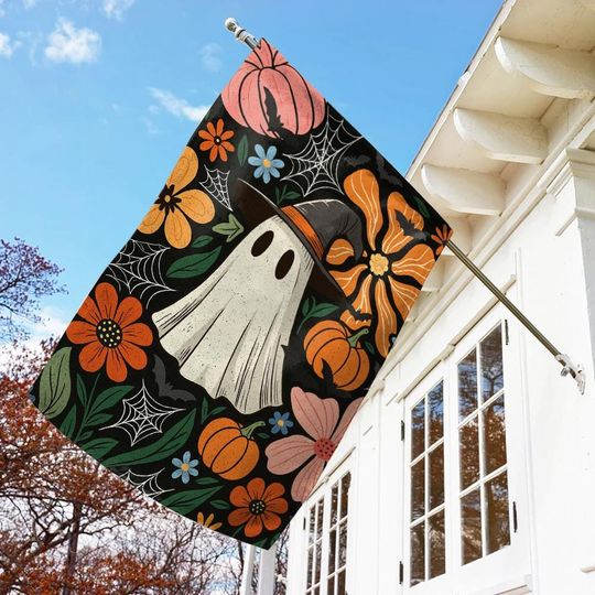 Boho Ghost Flag, Pink Leopard Halloween Flag, Floral Spooky Season Flag, Cute Pastel Ghost Flag, Preppy Fall Flag