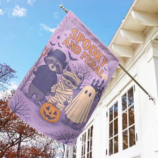 Spooky and Feral Flag, Funny Halloween Porch Flag, Outdoor Spooky Season Yard Decor, Cute Goth Halloween House Flag