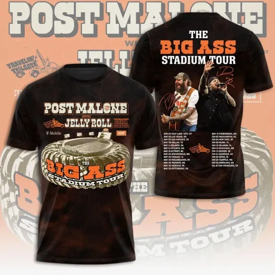 Post Malone Jelly Roll Tour Music Big Ass Stadium Tour 2025 Inspired 3D T-Shirt