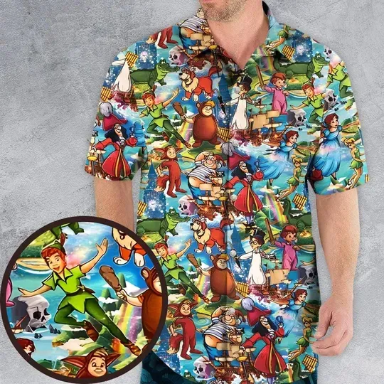 Disney Peter Pan And Wendy Hawaiian Shirt, Fairy And Friends Button Up Shirt, Peter Pan Hawaiian Shirt, Movie Cartoon Summer Beach Shirt