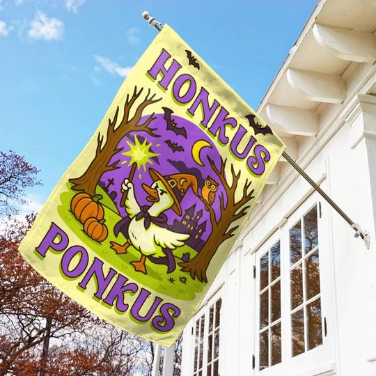 Cute Witch Duck Halloween Flag, Honkus Ponkus Goose Yard Flag, Funny Purple Fall Porch Banner, Spooky Outdoor Holiday Decor
