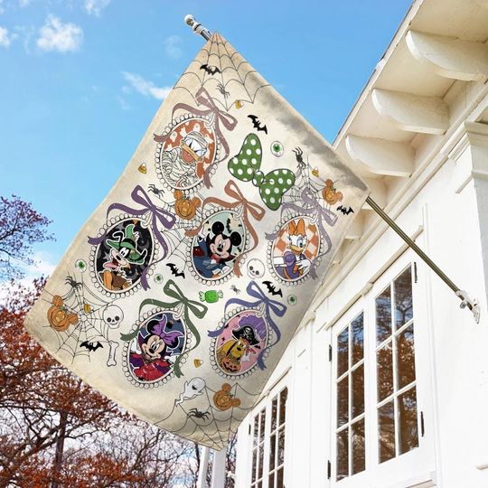 Disney Mickey and Friends Halloween Flag, Retro Coquette Bow Mirror Flag, Cute Disney Fall Yard Flag, Halloween Porch Outdoor