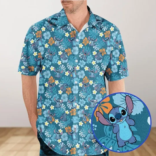 Disney Stitch Hawaiian Shirt, Stitch Tropical Shirt, Movie Cartoon Summer Beach Shirt, Ohana Means Family
