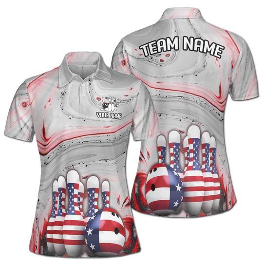 Personalized Gray Marbling America Bowling Lover Women's Polo Shirt