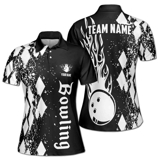 Personalized Black White Argyle Spatter Bowling Rolling Women's Polo Shirt