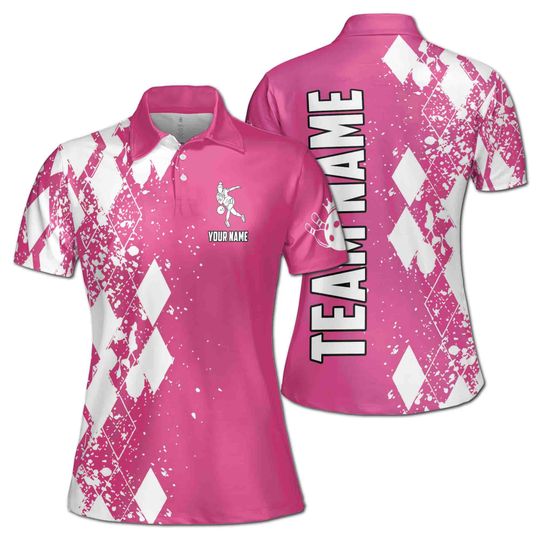 Customized Pink Bowling White Argyle Pattern Women's Polo Shirt
