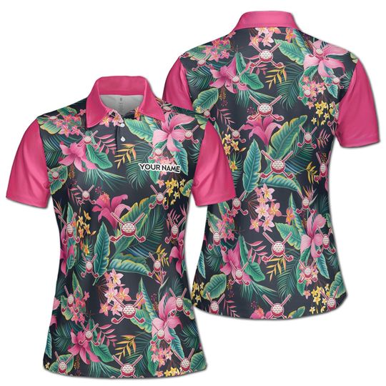 Custom Name Pink Floral Golfer Women's Polo Shirt