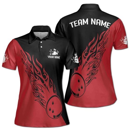 Personalized Black and Red Bowling Flame Pattern Grunge Women's Polo Shirt