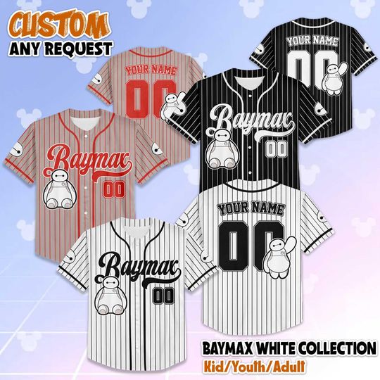 Personalized Baymax White Baseball Jersey, Custom Disney Big Hero 6 Baymax Jersey Shirt, Disneyland Birthday Gift, Gift for Fan