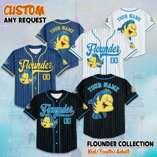Custom Flounder Collection Baseball Jersey, Disney Flounder The Little Mermaid Jersey, Disney Birthday Gift, Disney Baseball Team Outfit