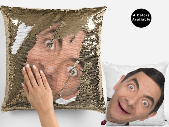 Rowan atkinson sequin pillow, flip sequin pillow, funny pillow, rowan atkinson fans pillow cushion gift idea