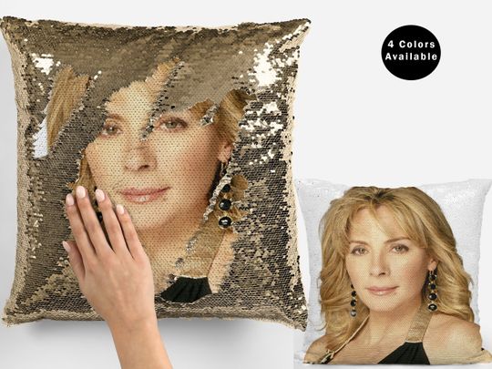 Kim cattrall sequin pillow, celebrity pillow, kim cattrall flip sequin pillow gift, pillow gift idea