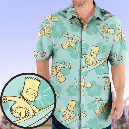 The Simpsons Hawaiian Shirt for Men, Bart Simpson Button-Up, Cartoon Vacation Shirt, Hawaiian Casual Shirt