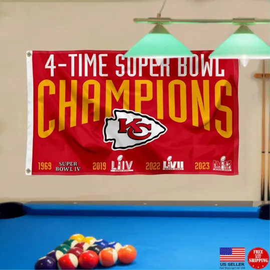 Kansas City 4 Time Super Champions Banner Flag Man Cave Flags 4x KC, Gift for Fan